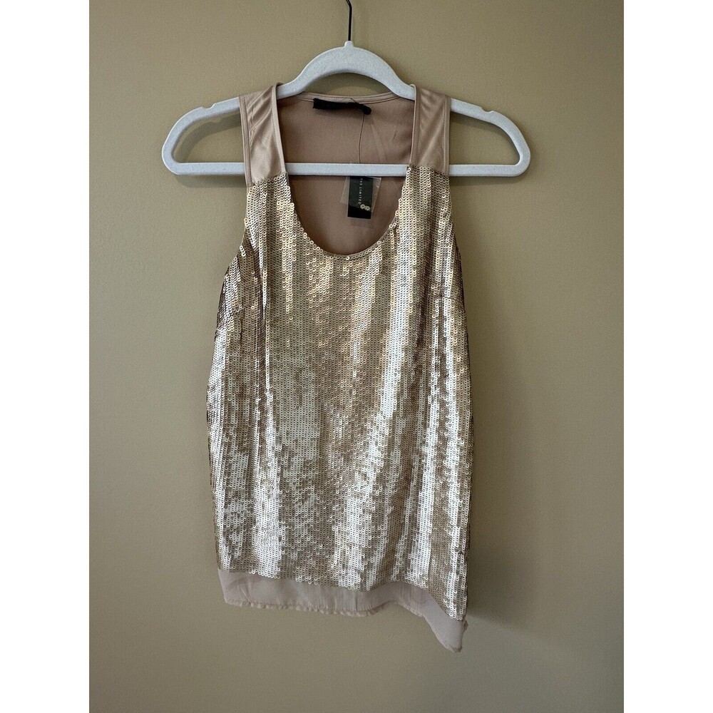 The Limited XS Sequins Tank Beige Asymmetric Sheer Bottom NWT $59 MSRP